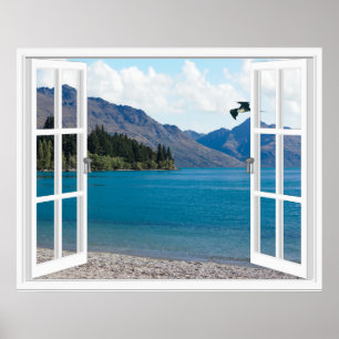 Calm Mountain Lake Artificial Window View Poster