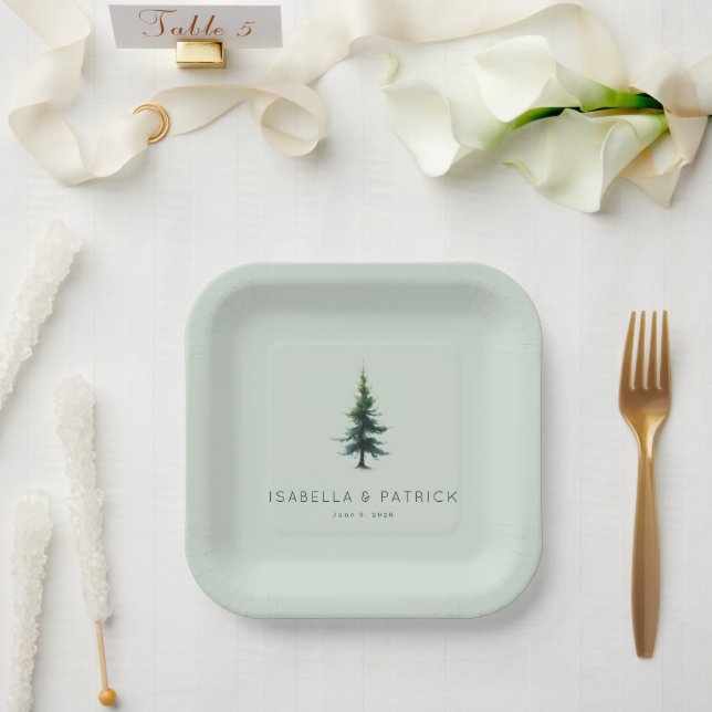 Calm Muted Green Watercolor Tree Paper Plate (Wedding)