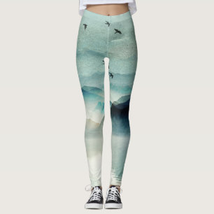 Calm Nature Watercolor Mountain Scene Leggings