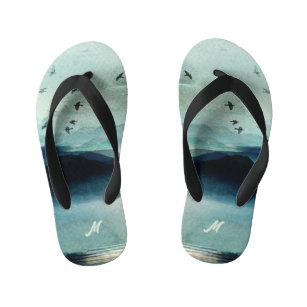 Calm Nature Watercolor Mountain Scene Monogrammed  Kid's Jandals