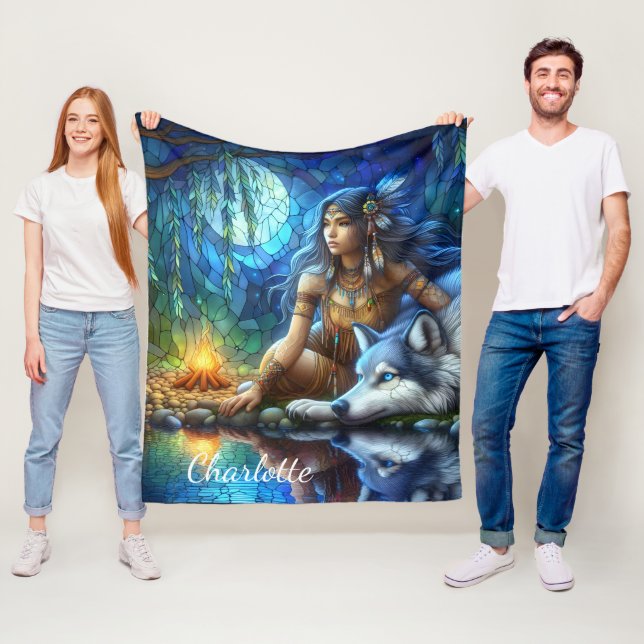 Calm night by river with Native and wolf Fleece Blanket (In Situ)
