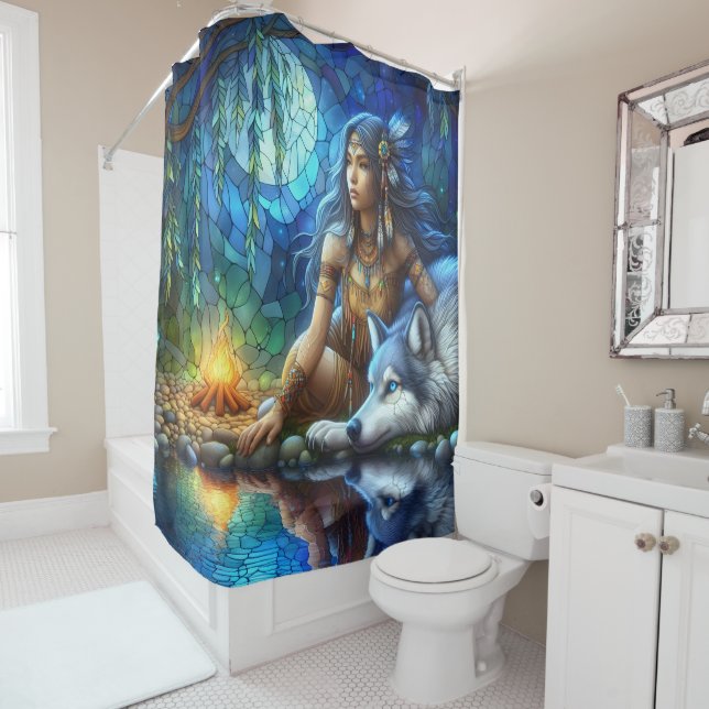 Calm night by river with Native and wolf Shower Curtain (In Situ)