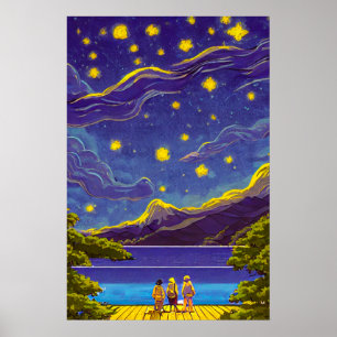 Calm Nightscape Sky, Stars, Lake Retro Painting Poster