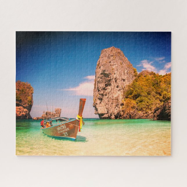Calm Ocean Beach with Boat & Rocks or Your Photo Jigsaw Puzzle (Horizontal)