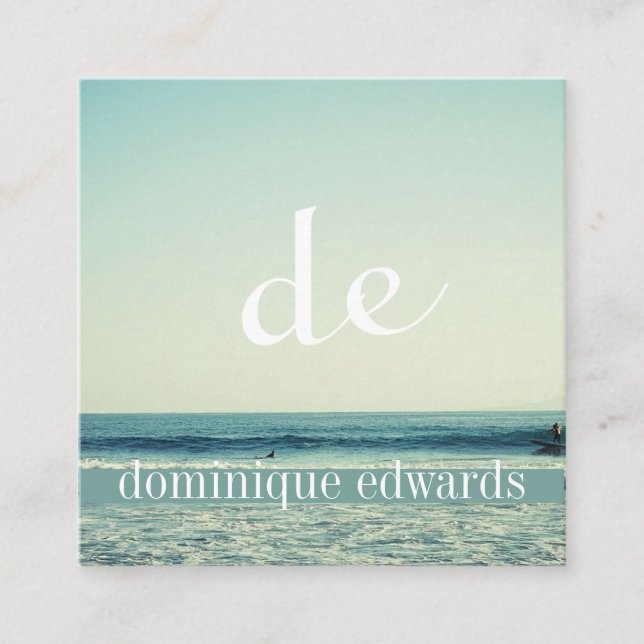 Calm Ocean Wave Beach Scene Modern Monogram  Square Business Card (Front)