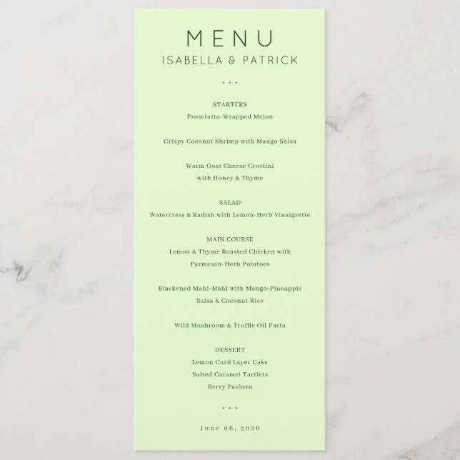 Calm Pastel Green Minimalist Wedding Menu (Front)