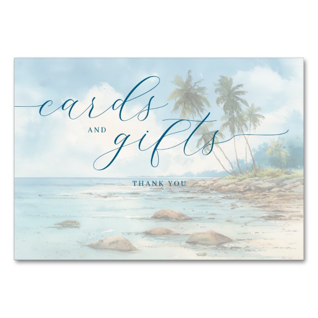 Calm Pastel Watercolor Beach Scene Table Number (Front)