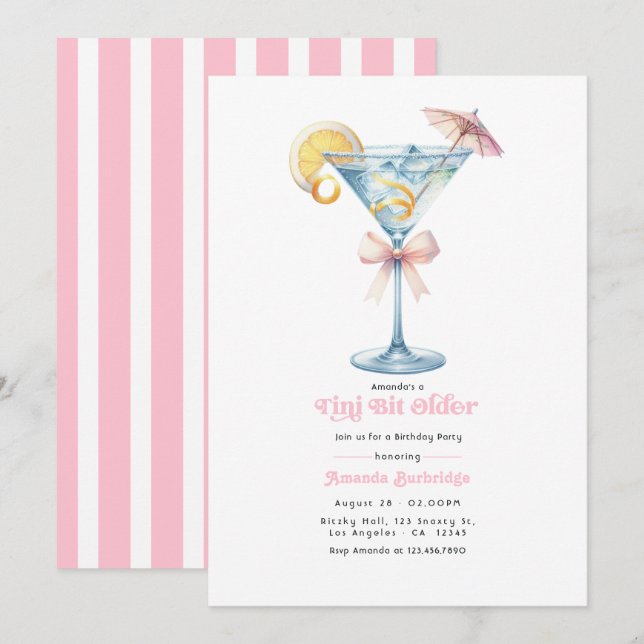 Calm Pink Tini Bit Older Martini Birthday Party Invitation (Front/Back)