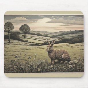 Calm Sage Green Print of Countryside and Rabbit  Mouse Pad