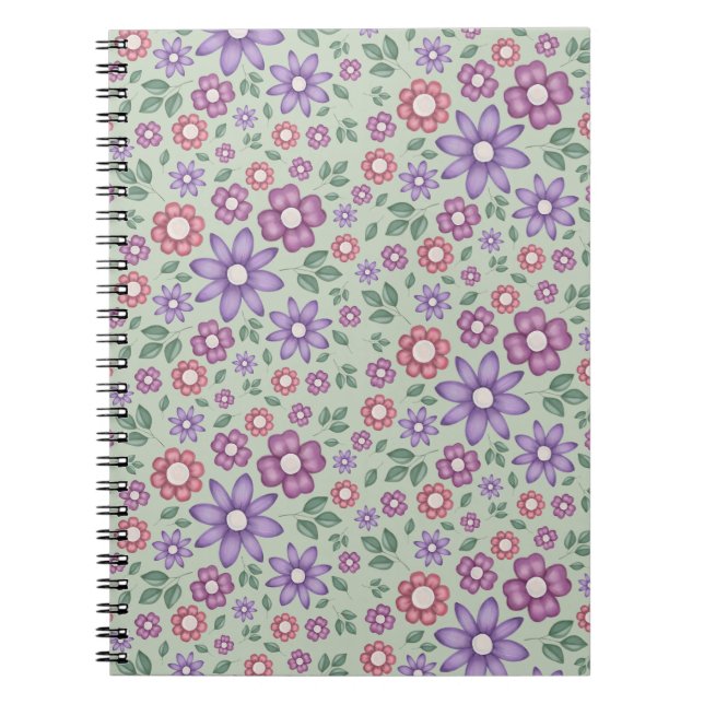 calm sage green whimsical floral pattern notebook (Front)