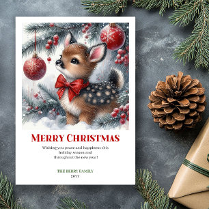Calm Snowy Forest Fawn Watercolor Christmas Card