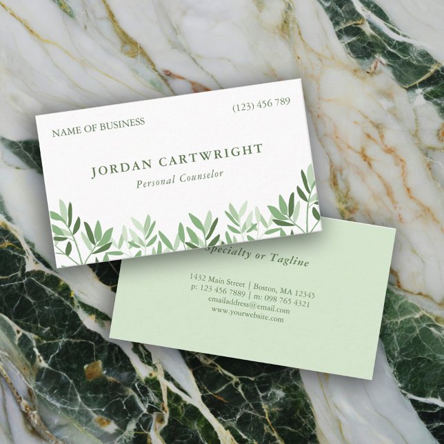 Calm Soft Greenery Leaves Therapist Counsellor Business Card (Creator Uploaded)