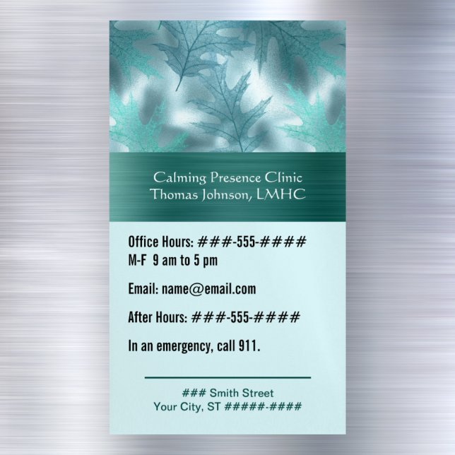 Calm Teal Leafy Shimmer Psychotherapy or Counsello Magnetic Business Card (Creator Uploaded)