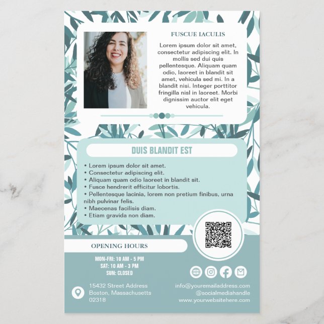 Calm Teal Leaves Wellness Promo Small Business Flyer (Back)