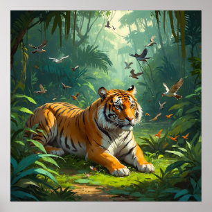 Calm Tiger Lying in Jungle with Birds Painting Poster