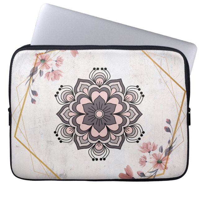 Calming Harmony – Pink and Grey Floral Art Laptop Sleeve (Front)