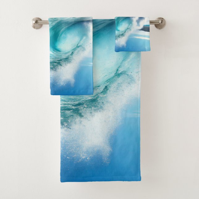 Calming Powerful Blue Ocean Wave Bath Towel Set (Insitu)