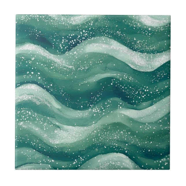 Calming Teal Watercolor Ocean Wave Art Tile (Front)