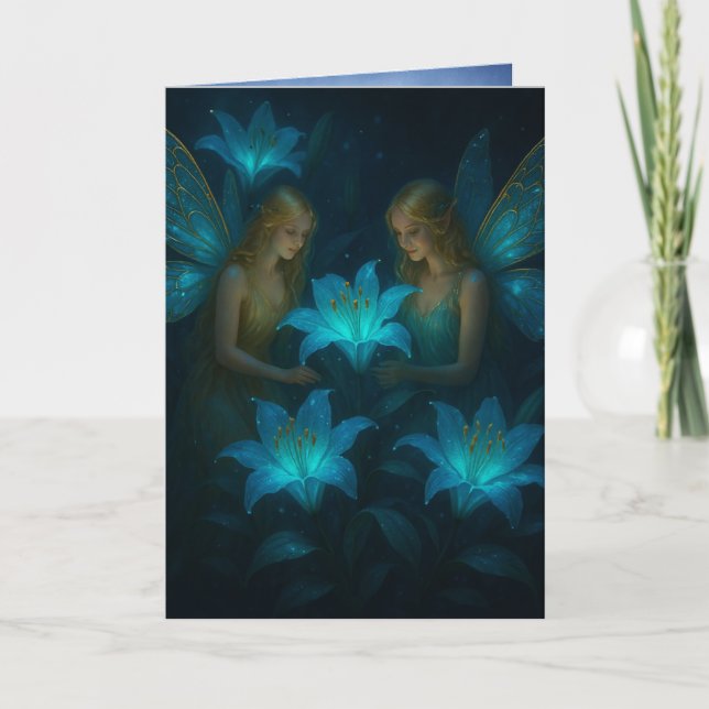 Calming Thinking of You Blue Lily Fairy Card (Front)