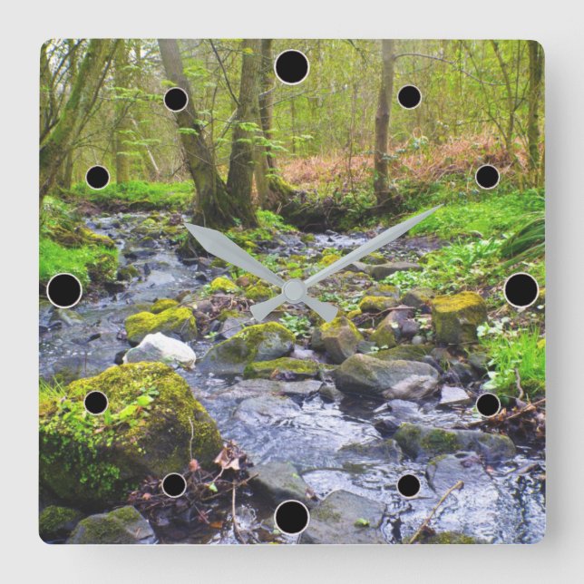 Calming Woodland Stream Square Wall Clock (Front)
