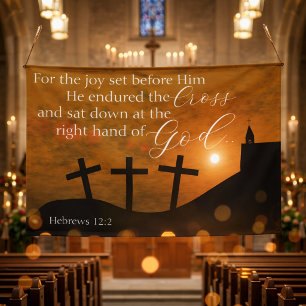 Calvary Sunset Scene with Hebrews 12:2 Scripture Banner