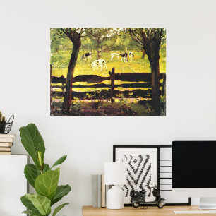Calves in a Field bordered by Willow Trees, Poster
