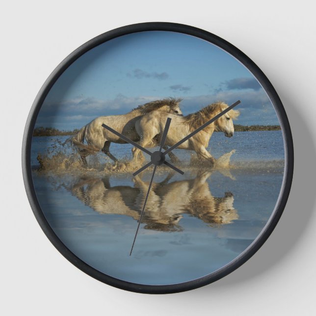 Camargue Horses and Reflection, Southern France Clock (Front)
