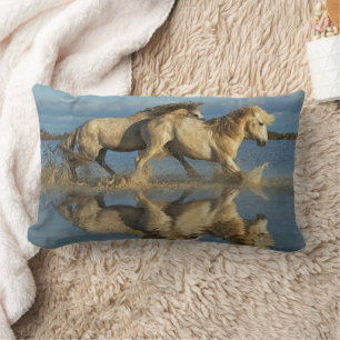 Camargue Horses and Reflection, Southern France Lumbar Cushion