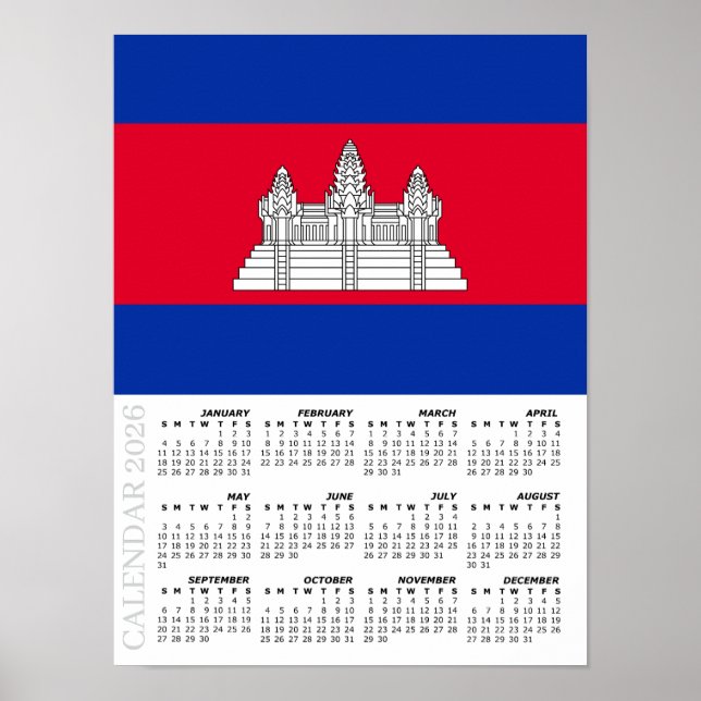 Cambodia 2026 Calendar, Large, Cambodian Flag Poster (Front)