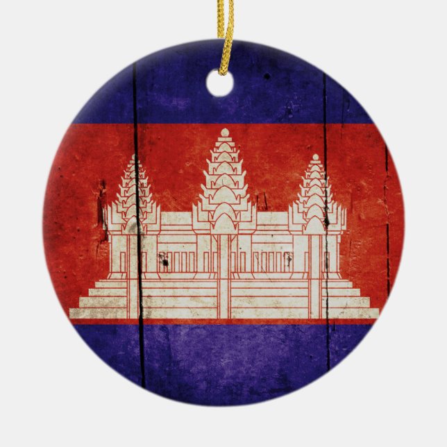 Cambodia Flag; Cambodian; Khmer Ceramic Tree Decoration (Front)