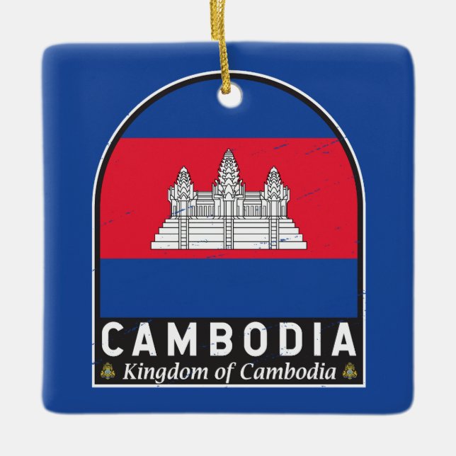 Cambodia Flag Emblem Distressed Vintage Ceramic Ornament (Front)