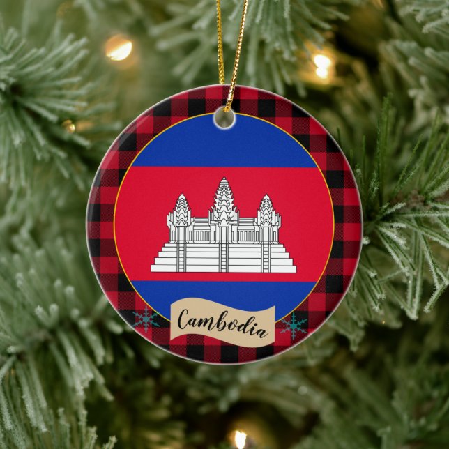 Cambodia, Red buffalo plaid & Cambodian Flag Ceramic Tree Decoration (Tree)
