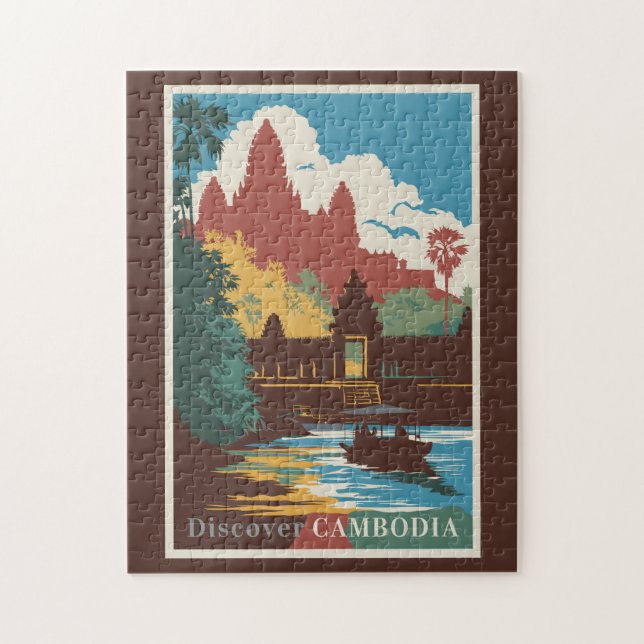 Cambodia Temple Illustration Travel Art Vintage Jigsaw Puzzle (Vertical)