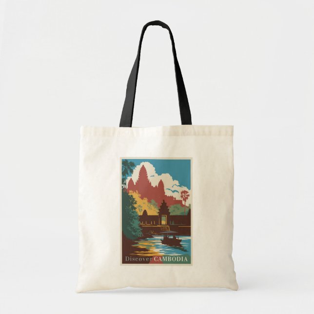 Cambodia Temple Illustration Travel Art Vintage Tote Bag (Front)