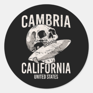Cambria California Ca Surf Skull Vintage Men Women Classic Round Sticker