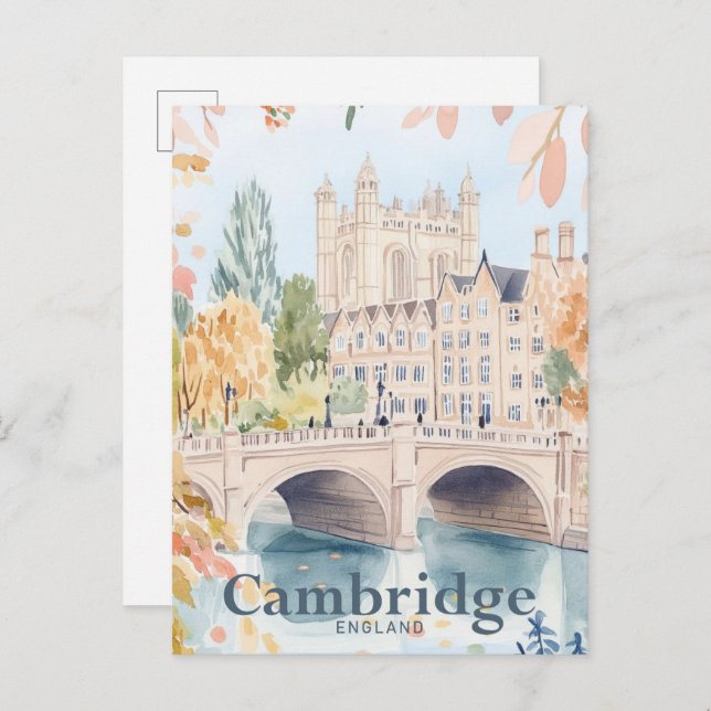 Cambridge England Watercolor Travel Illustration Postcard (Front/Back)