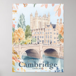 Cambridge England Watercolor Travel Illustration Poster