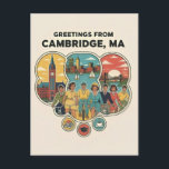 Cambridge Massachusetts 1950s Retro Travel  Postcard<br><div class="desc">Cambridge Massachusetts Retro Travel Postcard – Colorful 1950s Style Graphic Design, Mid-Century Greetings Souvenir, Vintage Inspired Art Print POD Description: Send a splash of mid-century charm with this vibrant Cambridge, Massachusetts retro travel postcard! Inspired by the bold graphic design and cheerful colors of classic 1950s travel souvenirs, this artistic rendering...</div>