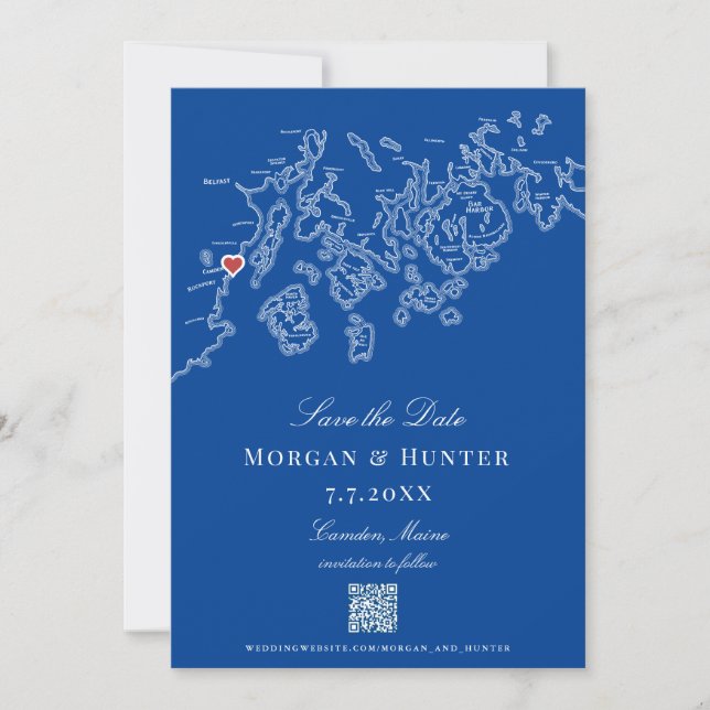 Camden Maine Map Elegant QR code Save The Date (Front)