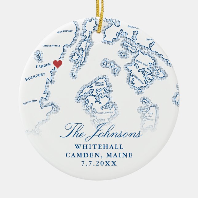 Camden Maine Map Wedding Photo Christmas Ceramic Tree Decoration (Front)