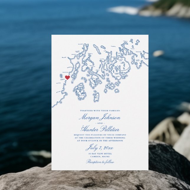Camden Maine Penobscot Bay Map Elegant Wedding Invitation (Camden Maine Map Wedding Invitations with Elegant Navy Blue Penobscot Bay Map )