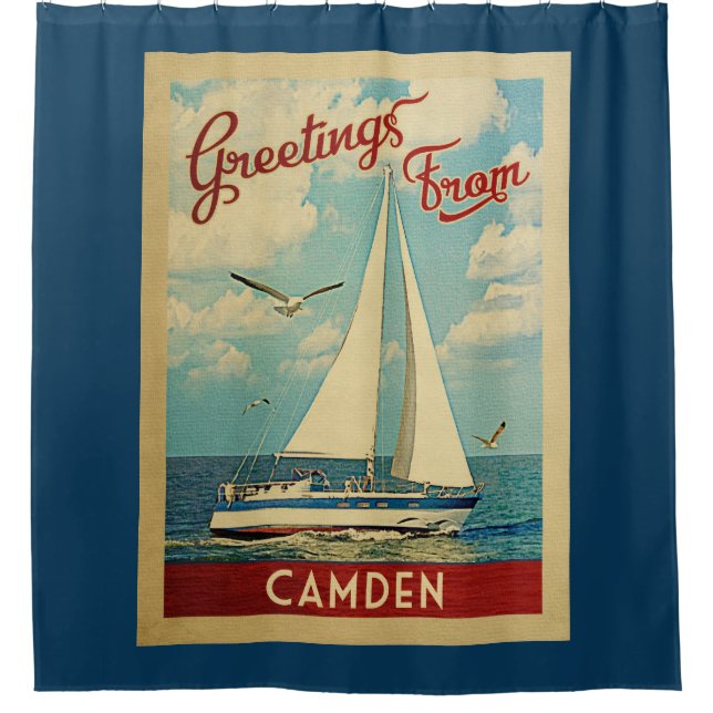 Camden Sailboat Vintage Travel Maine Shower Curtain (Front)