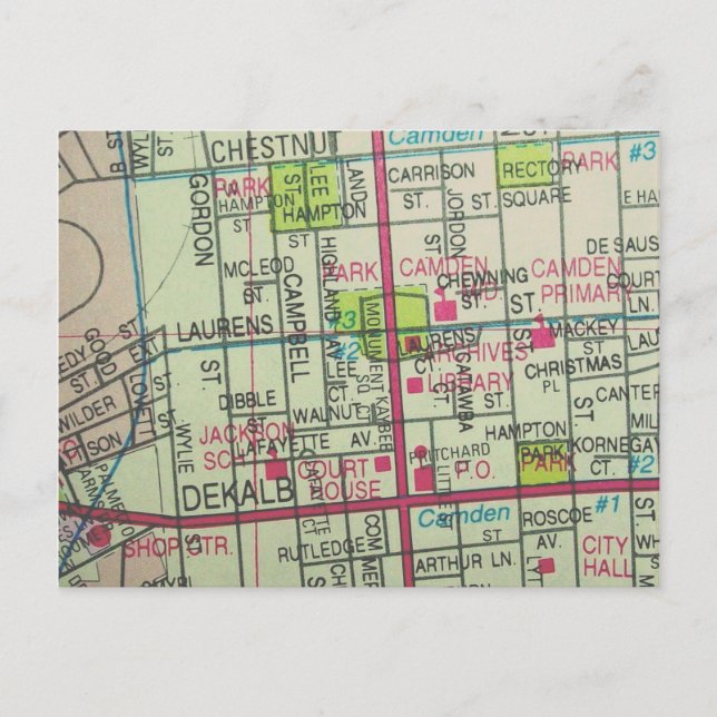 Camden, SC Vintage Map Postcard (Front)