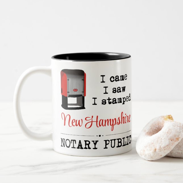 Came Saw Stamped Notary Public New Hampshire Two-Tone Coffee Mug (With Donut)