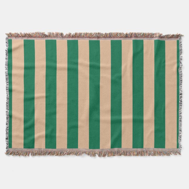 Camel Beige & Classic Green Stripe Throw Blanket (Front)