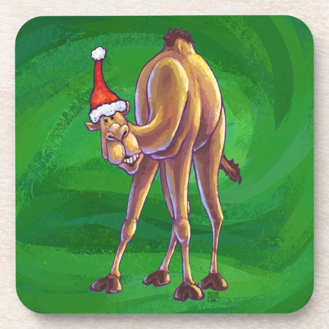 Camel Christmas On Green Coaster (Front)