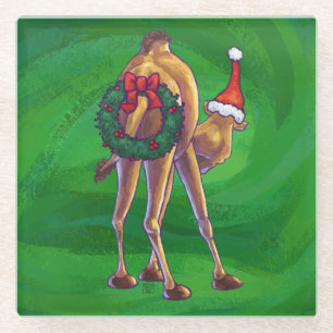 Camel Christmas On Green Glass Coaster