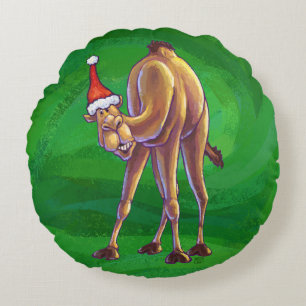 Camel Christmas On Green Round Cushion