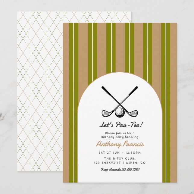 Camel, Olive, & White Golf Birthday Party Invitation (Front/Back)