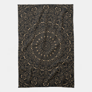 Camel on Black Mandala Kaleidoscope Medallion Tea Towel